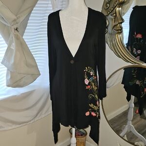 Caite Black Floral Embroidered Cardigan Assymetrical Hem Boho I1